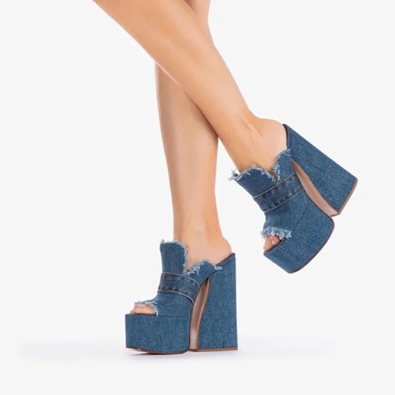 

Повседневные мюли на толстом высоком каблуке, модные тапочки, женские сандалии на шнуровке, женское классическое платье, каблук, синие джинсовые сандалии-гладиаторы