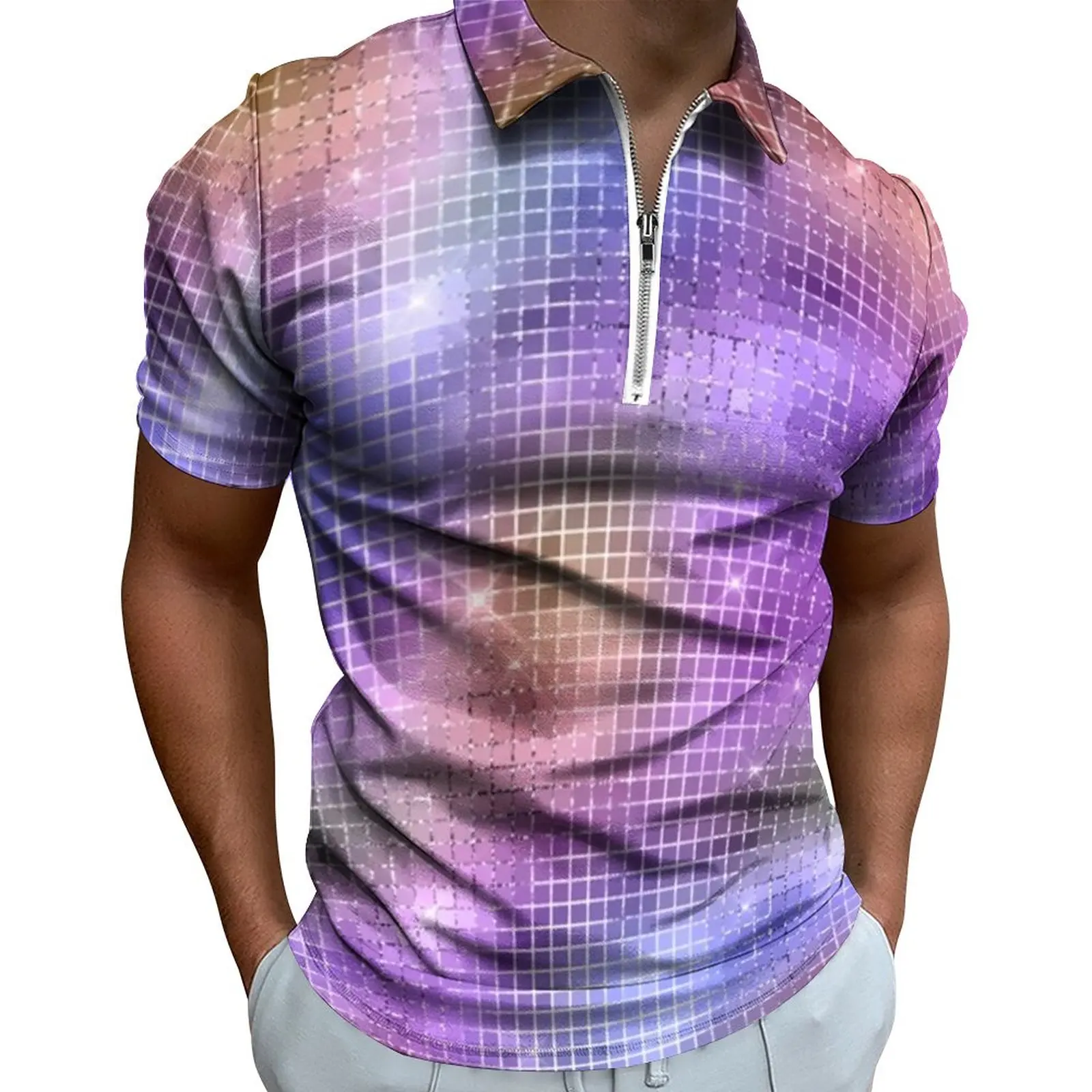 

Рубашка-поло мужская с принтом радужного диско-мяча, Повседневная пляжная уличная одежда с зеркальными квадратами, топ оверсайз с коротким рукавом и графическим принтом