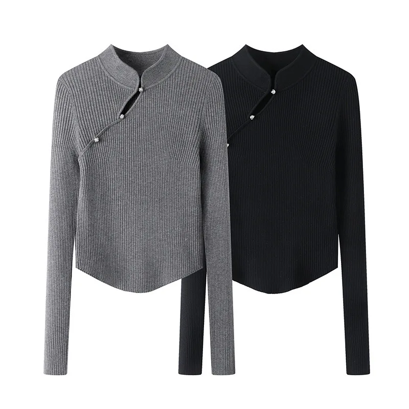 

Women Gray Pullover Bottoming Shirts Knitted Sweaters Slanted Placket Basic Spring Waist Slimming Chinese Style Half Turtleneck