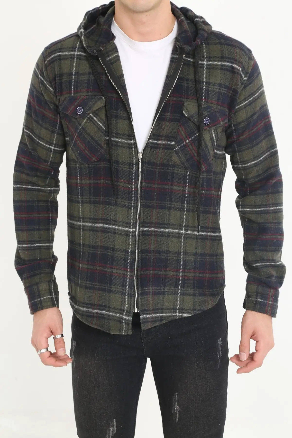

Khaki-Navy Blue Men 'S Zipper Hooded Lumberjack Shirt Loose Hooded Fashion Plaid Streetwear Outerwear 2021 Trend Shirt