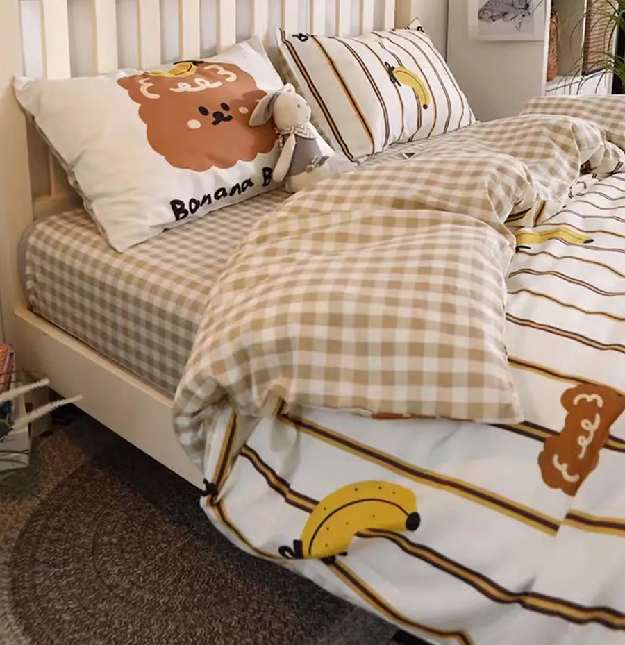 Модный комплект постельного белья в клетку с милым мультяшным медведем и