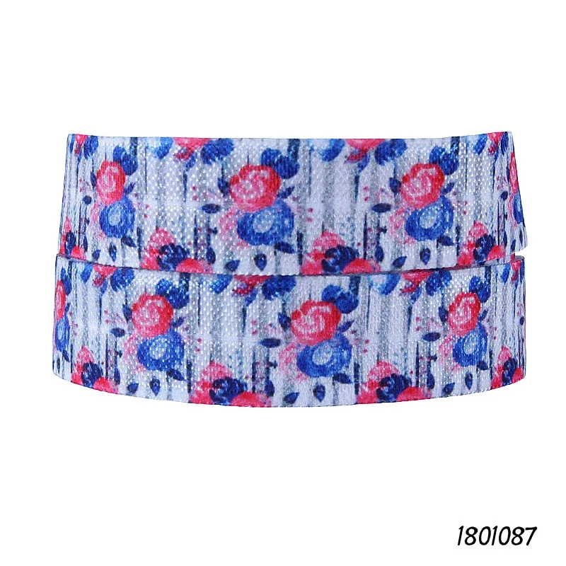 

(50 ярдов/партия) 5/8 ''красивый синий и красный цветочный принт складка на резинке для июля. 4-е празднование