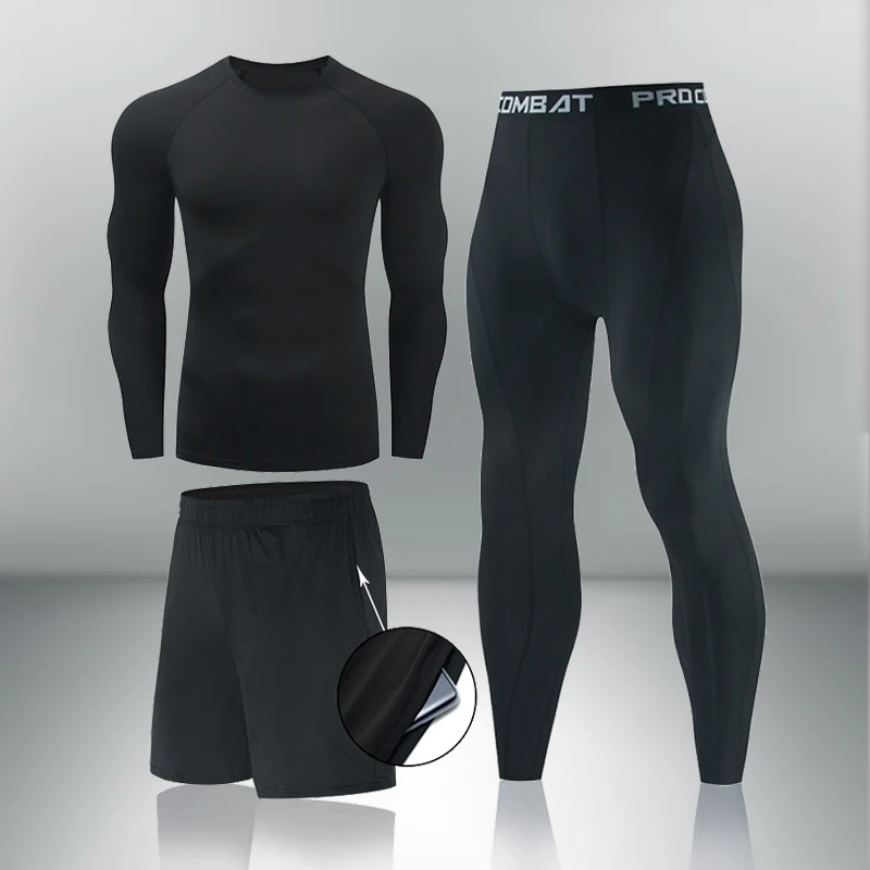 Men's Sports Suit rashgard male Quick drying Compression T-shirt+leggings Shorts Set Fitness Training kit Thermal Underwear