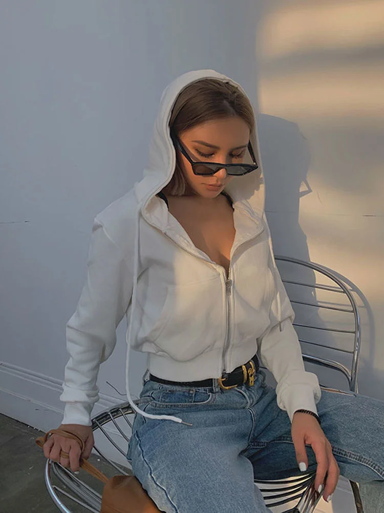 

Zoki Streetwear Women Sexy Cropped Y2K Hoodies Vintage Solid Short Sweatshirt Spring Female Long Sleeve Korean Zip-Up Tops New