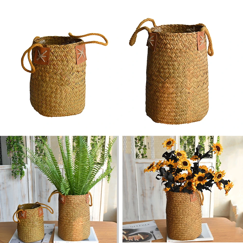 

Picnic Straw Seagrass Flower Pot Storage Organizer Grocery For Laundry Vase With Handles Plant Basket Woven