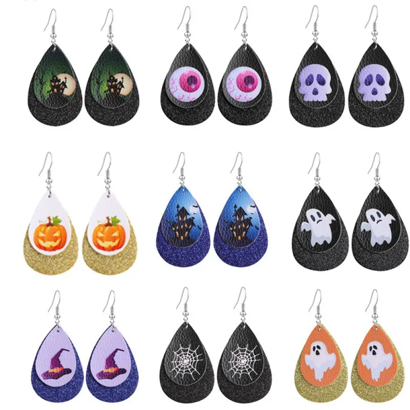 

New faux leather earrings for women teardrop drop dangle earrings pumpkin skull ghost spider ghost Halloween jewelry gifts