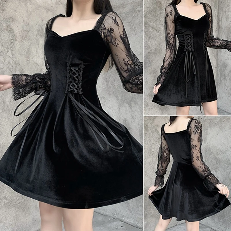 

Женское модное сексуальное кружевное черное платье на шнуровке с квадратным вырезом и длинным рукавом