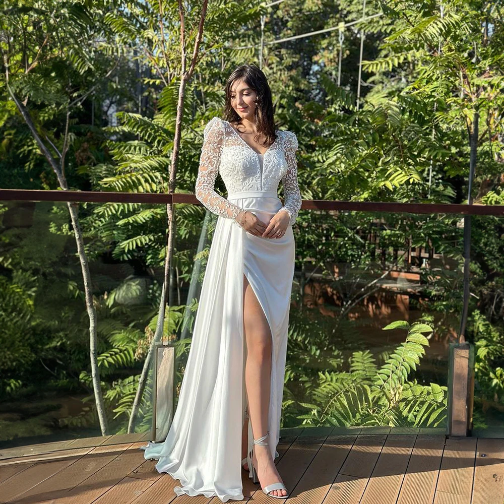 Платье свадебное атласное Плиссированное с V-образным вырезом и длинным рукавом