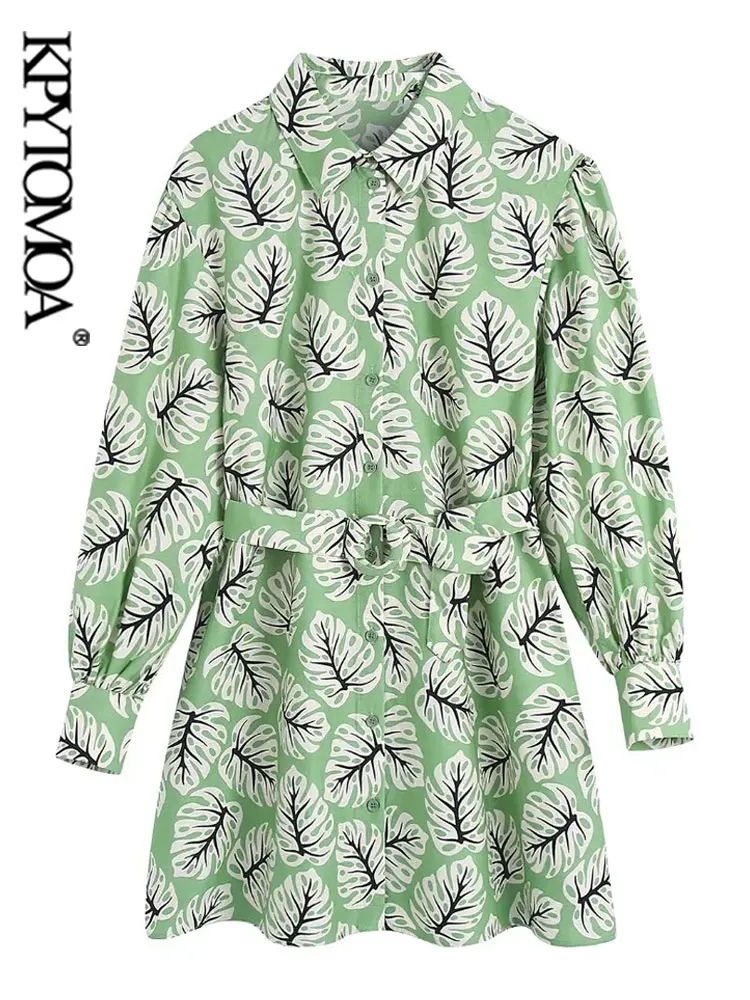 

Платье KPYTOMOA женское средней длины с поясом, модное винтажное на пуговицах спереди, с длинными рукавами-фонариками, с принтом