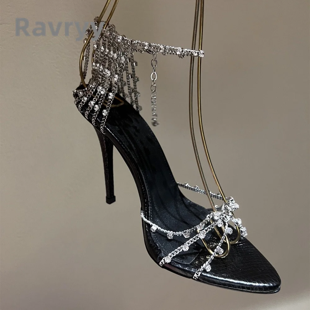 2023 Summer New Super High Heel Sandals Silver Rhinestone Chain Slim Heel Versatile Sandals Leather Open Toe Women\'s Shoes