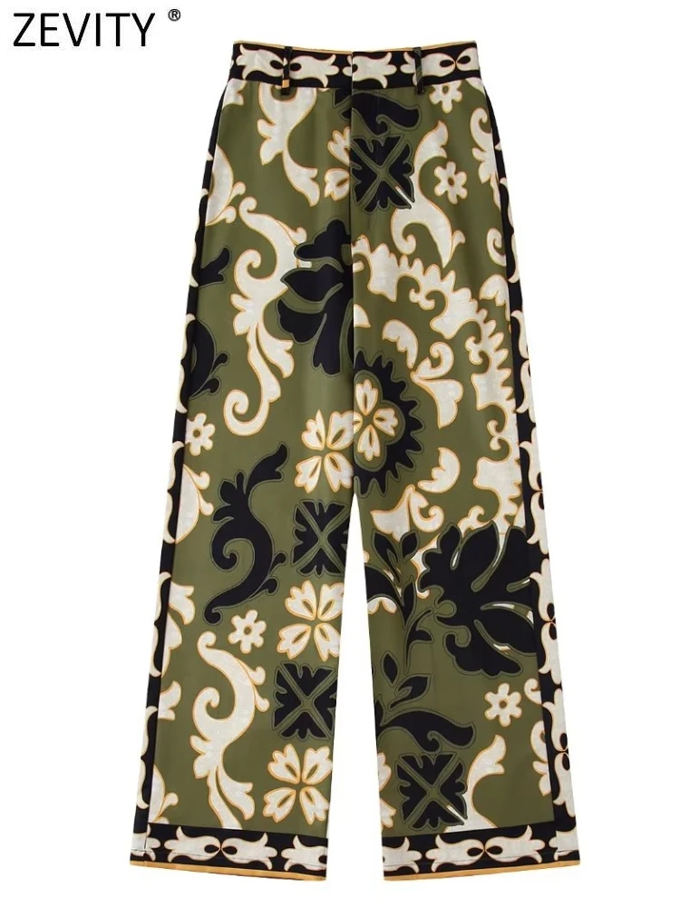 

Zevity Women Vintage Position Leaves Print Casual Straight Pants Female Chic Elastic Waist Zipper Fly Summer Long Trousers P2107