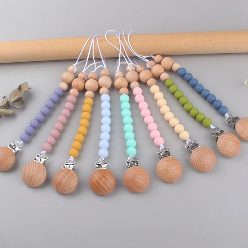 

Регулируемая цепочка для соски из бука с деревянным зажимом для новорожденных