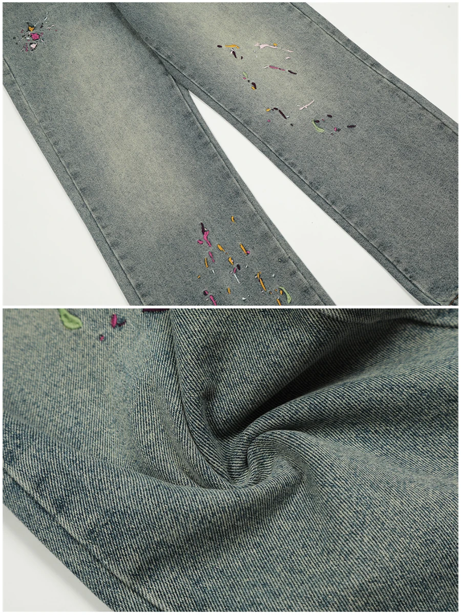 Four Seasons Men Jeans Spray Paint Splash Ink Printing Straight Loose Casual Wide Leg Pants Fashion Streetwear Men Ins Hot Sale