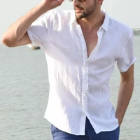 summer new cross border european and american mens solid color short sleeve lapel cotton and hemp cardigan leisure beach shirt
