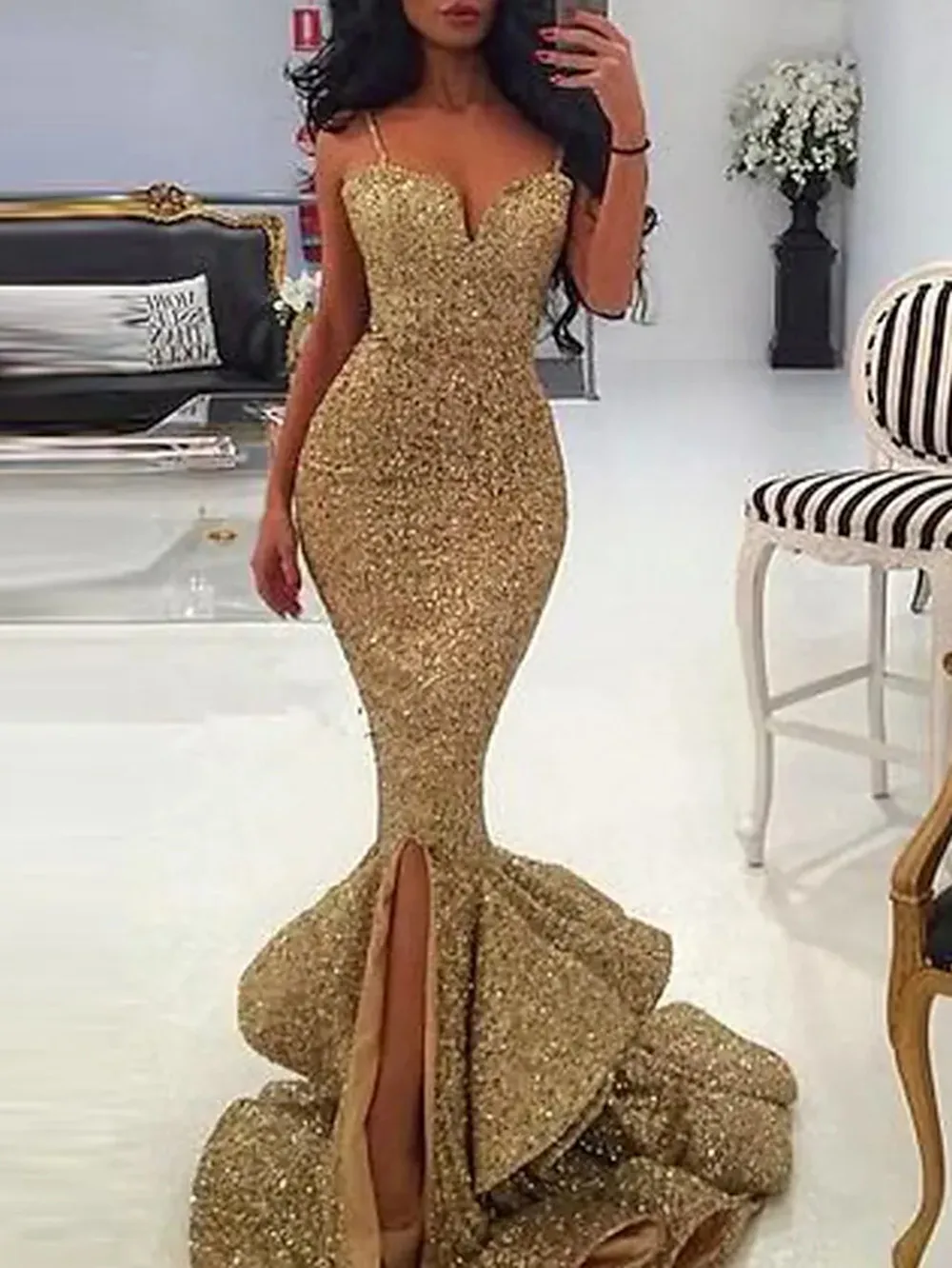 

Mermaid Trumpet Sexy bodycon Wedding Guest Formal Evening Dress Sweetheart Neckline Sleeveless Court Train Sequined Ruffles Slit