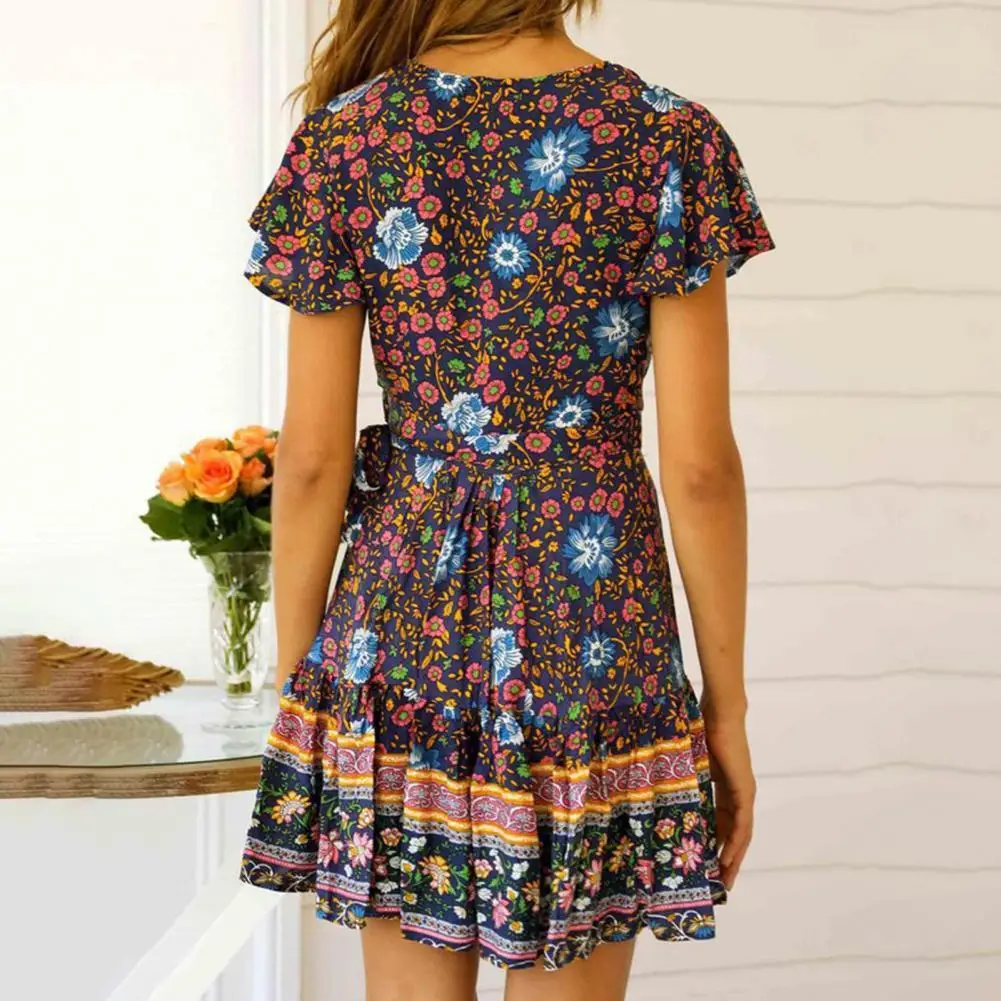 

Waist Tight Flowy Ruffle Hem Petal Short Sleeve Slim Mini Dress for Dates