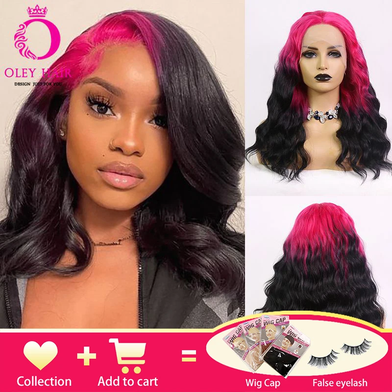 Black Synthetic Lace Front Wig Loose Wave Heat Resistant Cosplay Wigs With Hot Pink Roots Drag Queen Wigs For Black Women