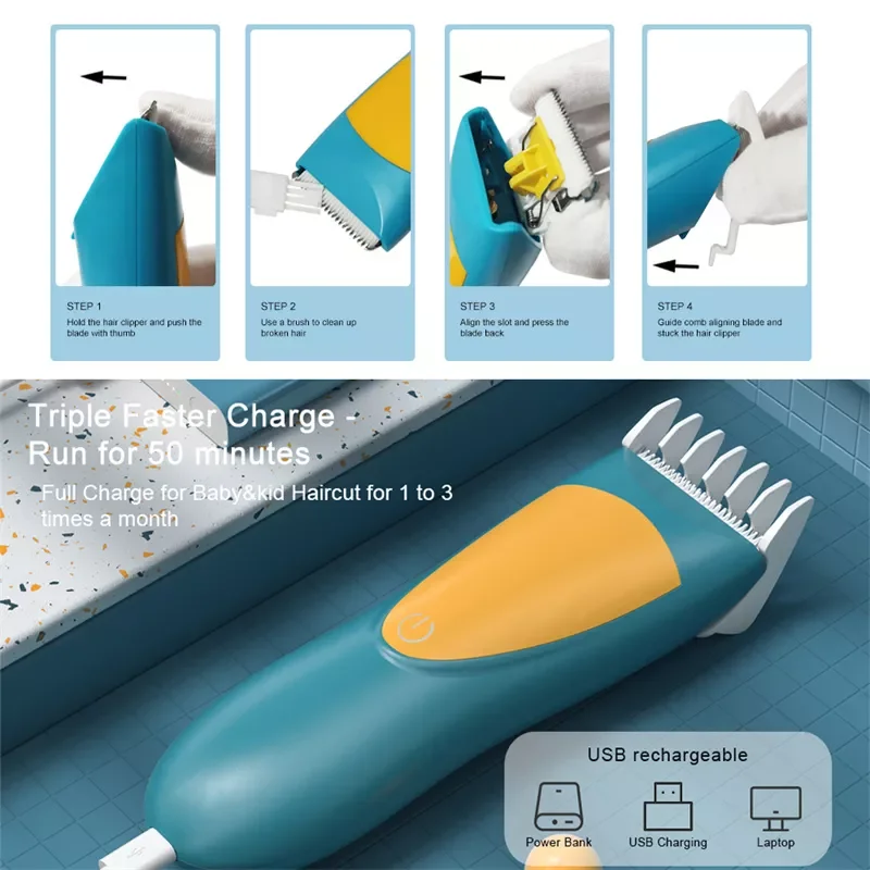 Baby Hair Clipper  Hair Trimmer Children Hair Cutter Kids Safe Waterproof Silent USB Rechargeable R-Angle Steel enlarge