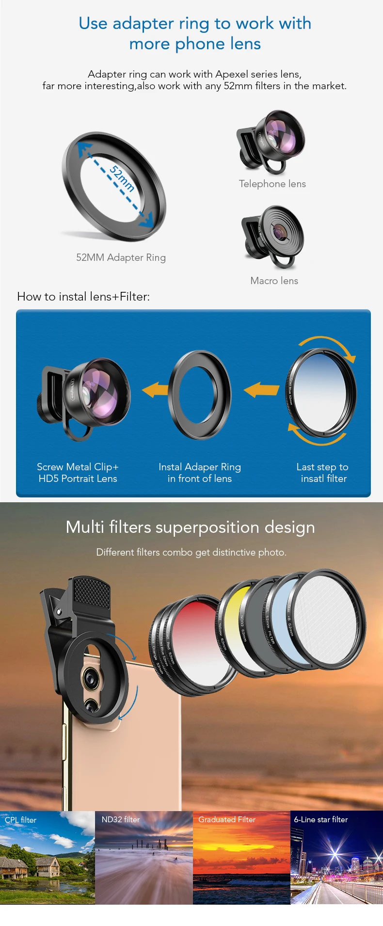 Factory price APEXEL 52UV-7G 52MM Gradient Filters Kits Multi-Color Aluminum Alloy Lightweight Filter for cellphone |
