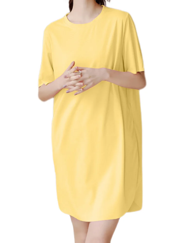 Летняя длинная футболка однотонные платья для женщин большие размеры вырез