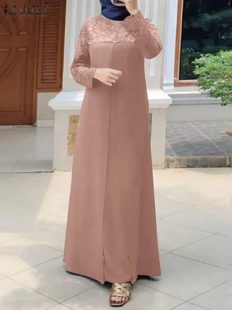 

ZANZEA Summer Muslim Elegant Women Dress Long Sleeve Lace up O-Neck Solid Abayas Turkey Sundress Fashion Holiday Loose Long Robe