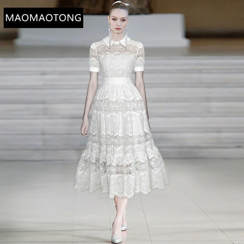 

Fashion Designer Summer White Dress Women's Turn-down Collar Beading Hollow out Embroidery Vintage Party Midi Dress