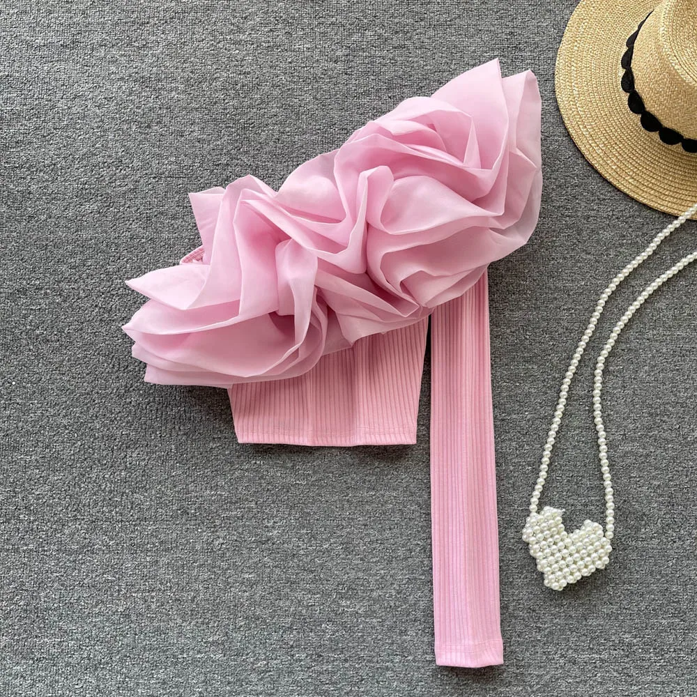 

Sexy Layer Ruffles One Shoulder Knitwear Tops Women's Long Sleeve Crop Top Sexy Women One Shoulder Crop T Shirts