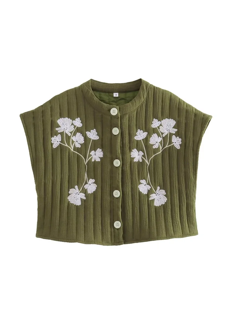 

MESTTRAF Sexy Design 2023 Y2K Floral Embroidery Cropped Quilted Waistcoat Vintage O Neck Sleeveless Female Outerwear Chic Vest