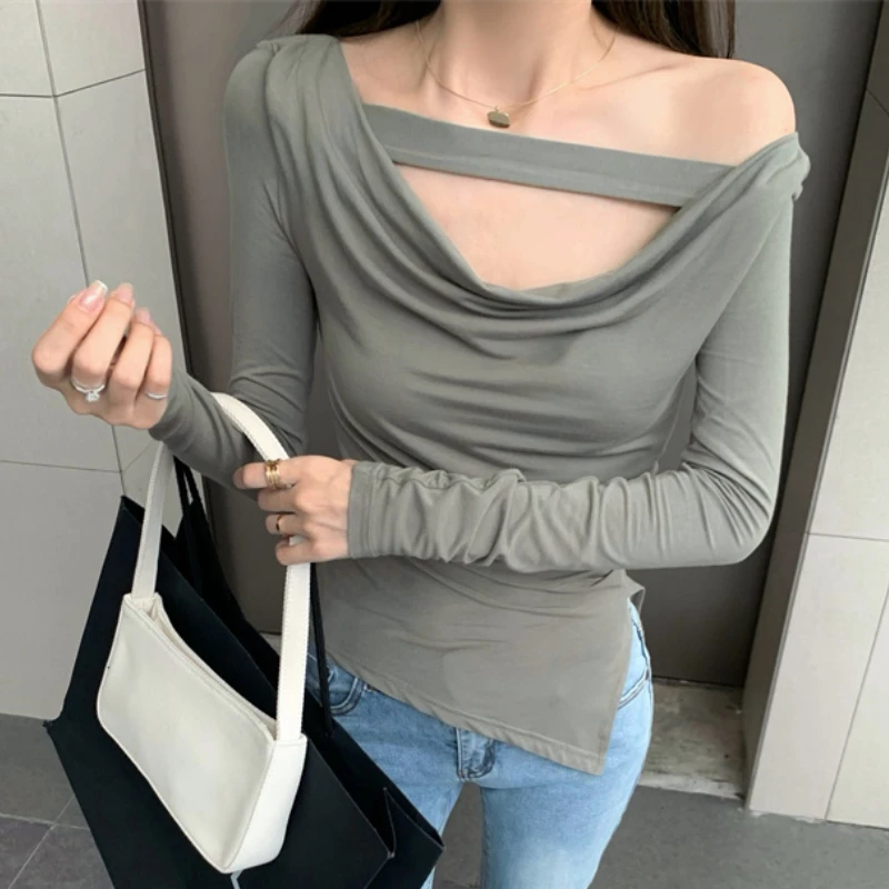 

T-shirt Women's Halter Neck Tube Tops Off Shoulder Short Slim Shawl Fake Two Sexy Long-sleeved Blouses Autumn Black Tops