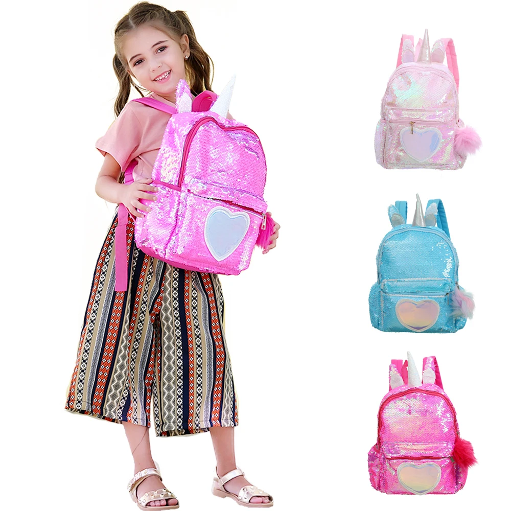 Unicorn Sequins Backpack For Girls Children Schoolbag Hologram Heart Love Bookbag Travel Bag Kawayi Kids Cartoon Bags 34*24*10cm