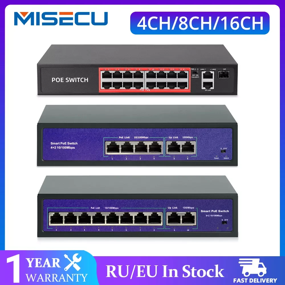 

48V Network POE Switch With 4/8/16CH 10/100Mbps Ports IEEE 802.3 af/at Over Ethernet IP Camera/Wireless AP/CCTV Camera System