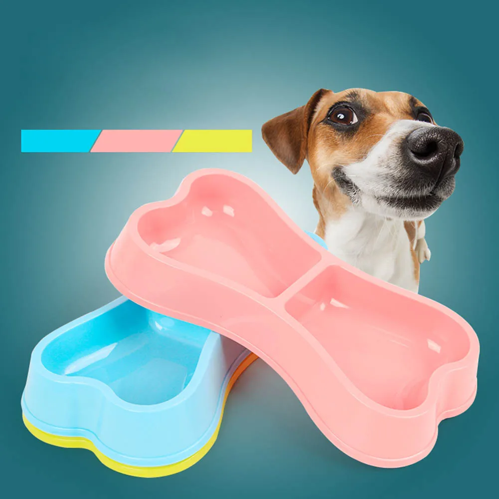 

Dog Double Bowls Plastic Bone Shape Puppy Water Food Feeder Bowl for Cats Dogs G10