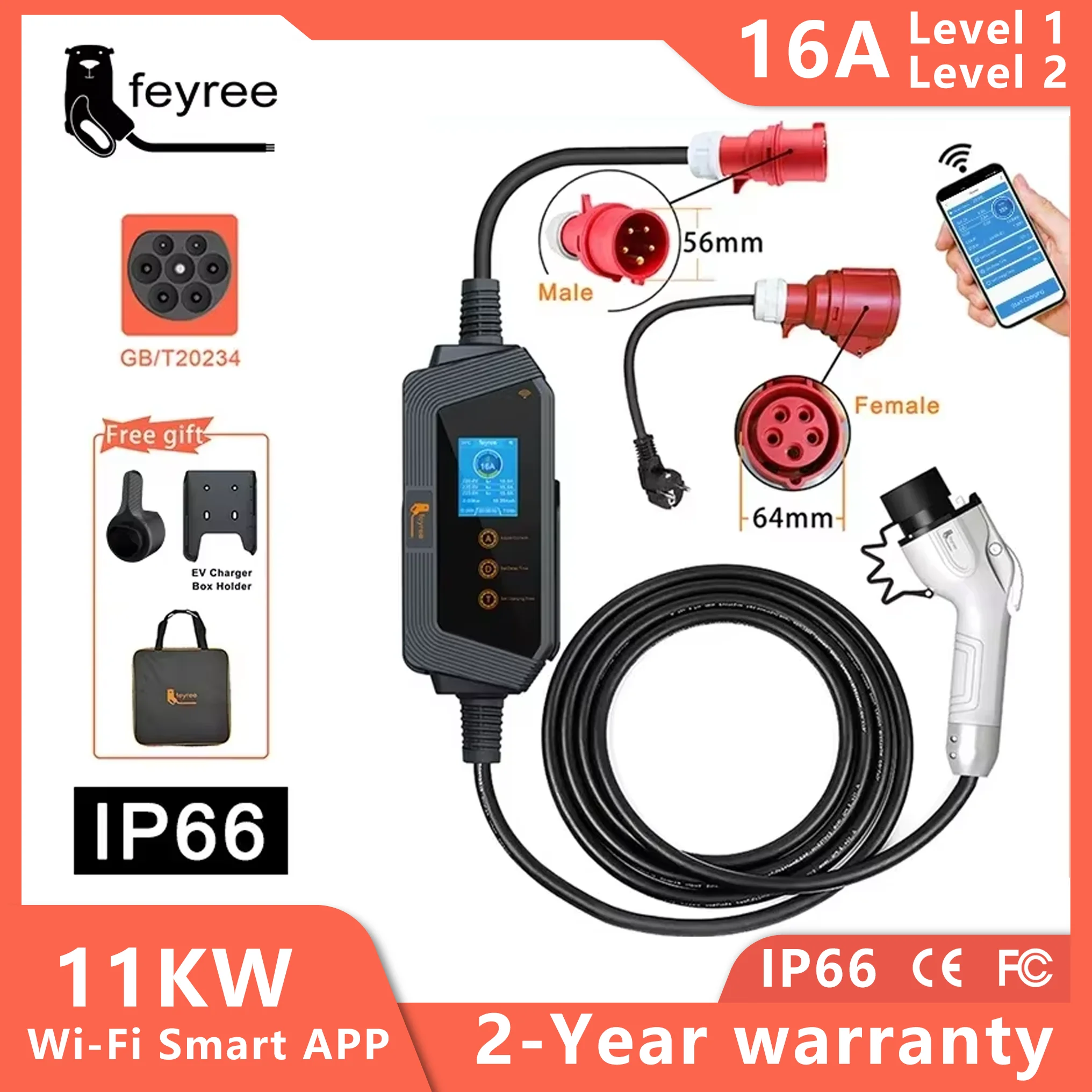 Feyree GBT Cord EV Портативное зарядное устройство APP WIFI Control 11KW 16A 3-фазный зарядный блок