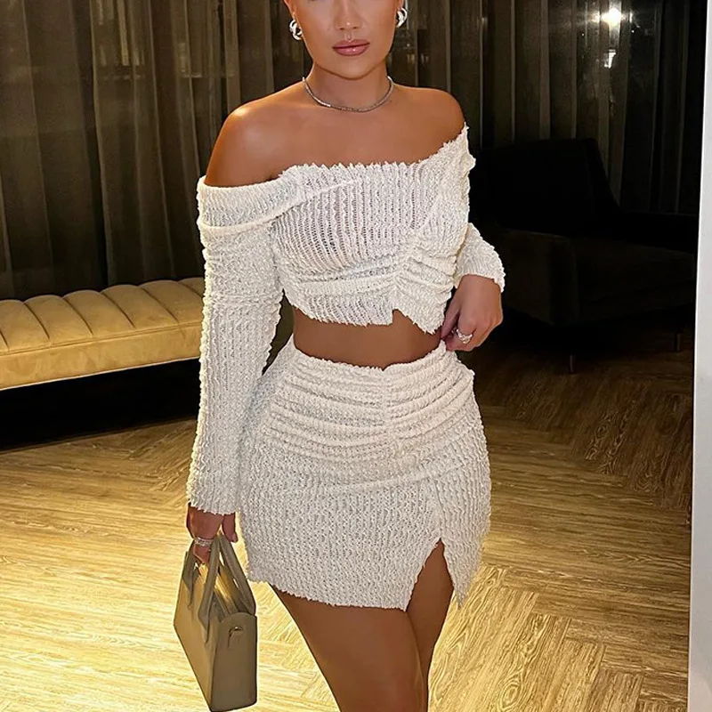

Solid White Long Sleeve Off Shoulder Sexy Crop Top and Mini Skirt Set Two Piece Set Streetwear Party Club Outfits Cloth