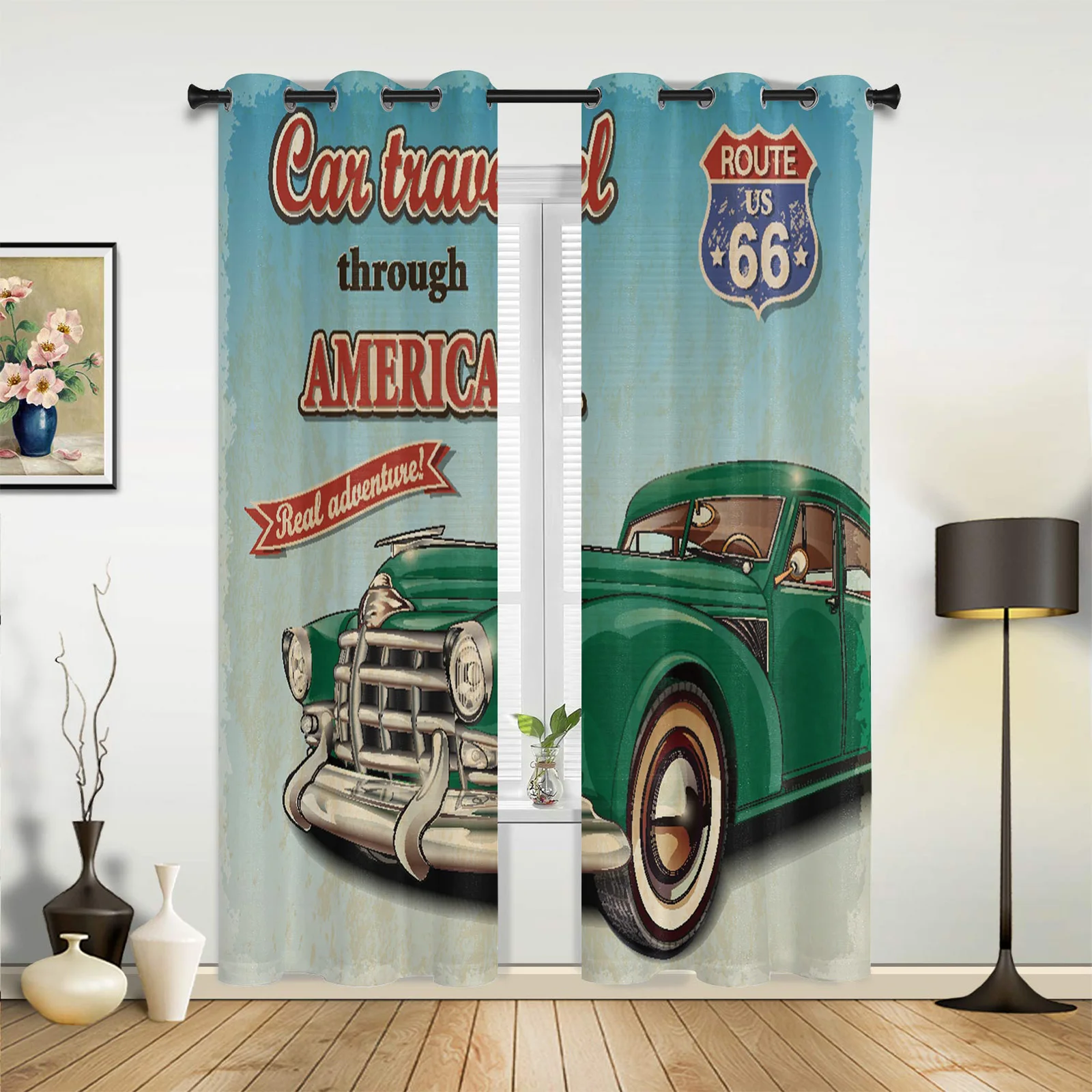 

Car Green Retro Style Curtains for Bedroom Living Room Drapes Kitchen Children's Room Window Curtain Modern Home Decor