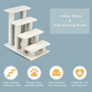 Fashion 24'' 4-Step Pet Stairs Carpeted Ladder Ramp 8 Scratching Post Cat Tree Climber, Cat Furniture ,Cute Cat Toy 5