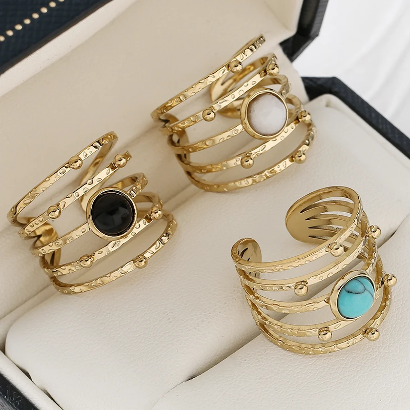 

Hollow Out Gold Natural Stone Rings for Women Stainless Steel Luxury Trendy Waterproof Rings Party Gift Jewelry Wholesale