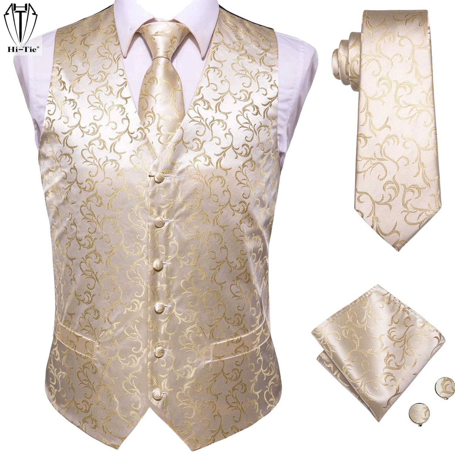 

Beige Ivory Gold Silk Mens Vest Tie Set Adjustable Jacquard Western Waistcoat Jacket Necktie Hanky Cufflinks Wedding Business