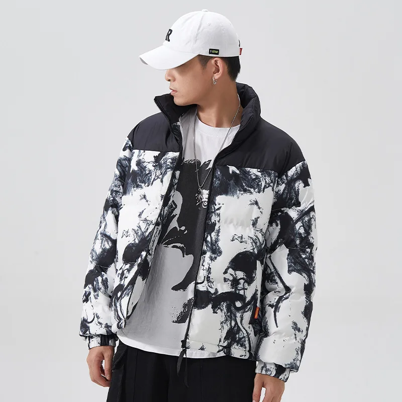 Couple winter Coat Men's Fashion Stitching Printed Stand-collar Cotton Jacket Thick Warm Jacket Short Couple Clothes