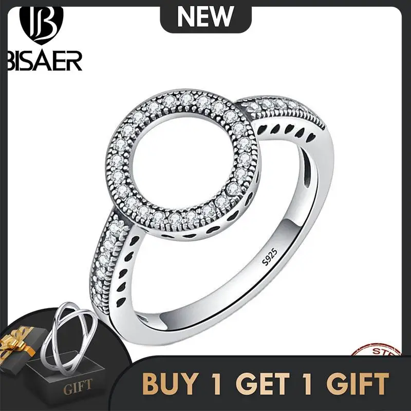 

BISAER 100% 925 Sterling Silver Forever Clear Zircon Circle Round Finger Rings For Women Wedding Jewelry Fine Gift ECR041