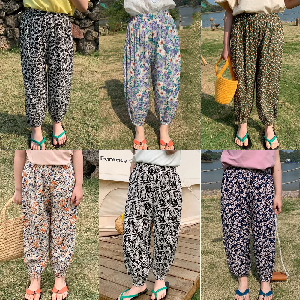 

2022 New Summer Girls Children's Clothing Pants Kids Cute Wild Loose Trousers Girls Thin Floral Pants Elastic Sweatpants