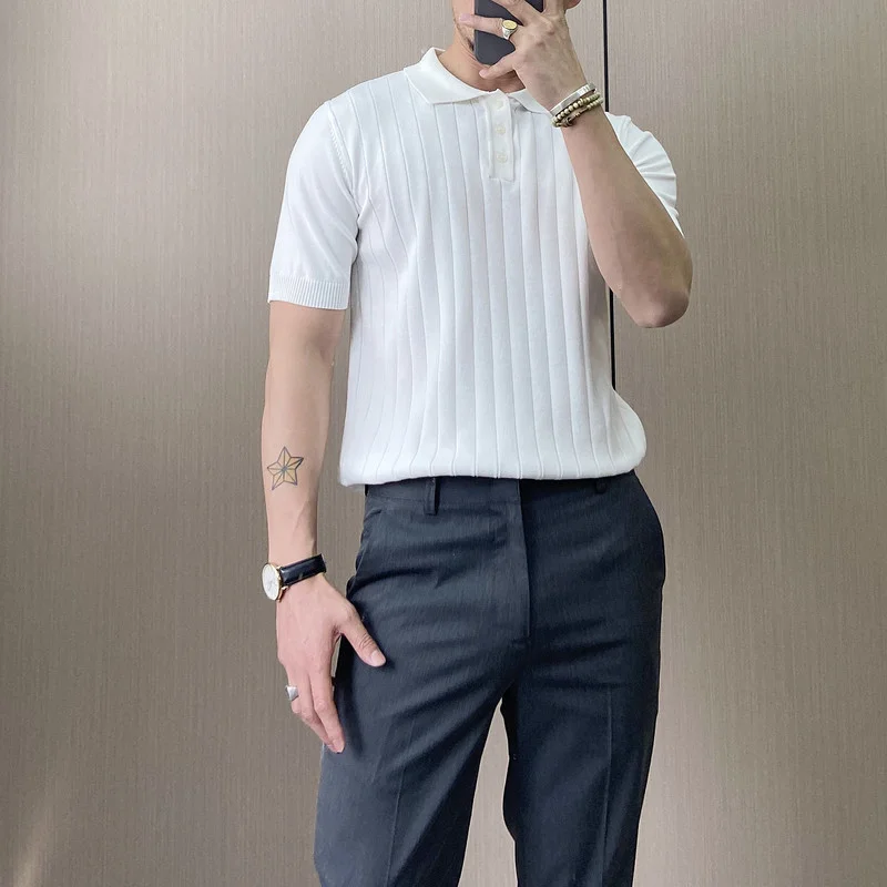 

2022 Summer Knitted Polo Shirts for Men Short Sleeve Casual Slim Fit Business T-shirts Lapel Tee Tops Social Party Man Clothing
