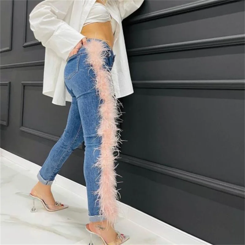 Side ostrich feather stitching high iche design elastic feet pencil jeans women
