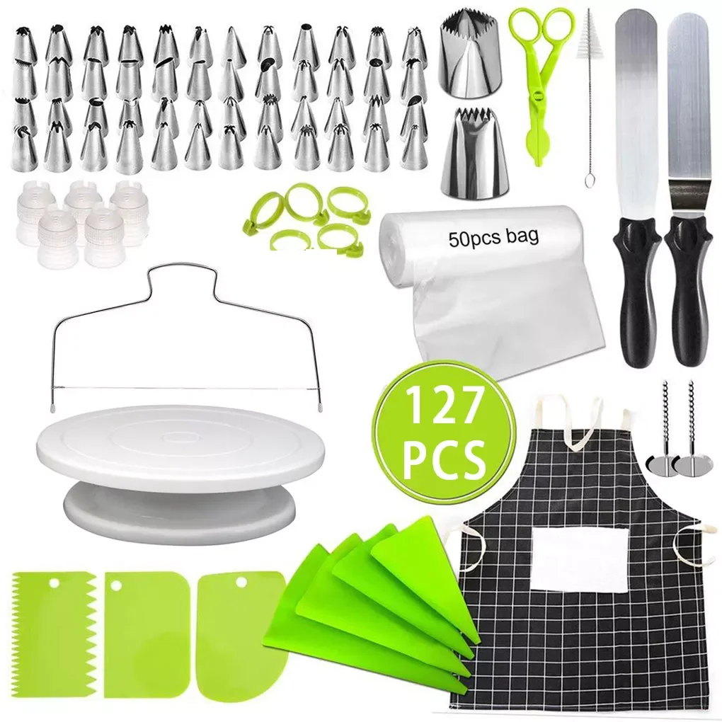 

127pcs Cake Decorating Tools Kit Household Apron Icing Tips and Bags with Turntable Piping Nozzles