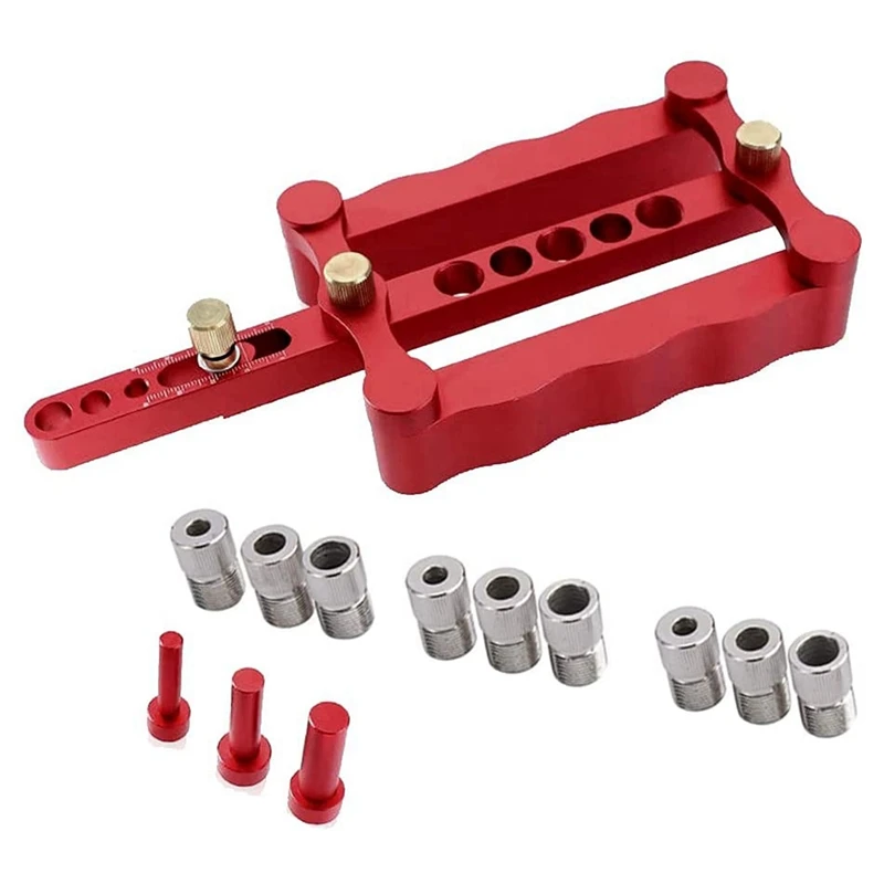 

Self Centering Doweling Jig Woodworking Joinery Hole Drill Guide with 1/4 5/16 3/8 Inch Positioner Locator Tool