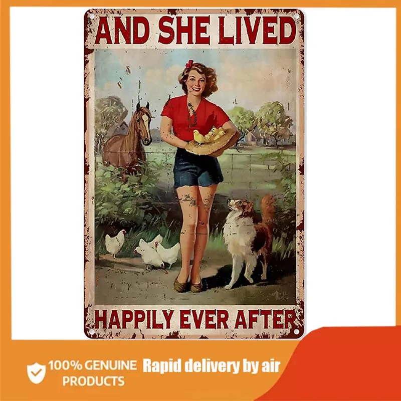 

Metal Chicken Signs and She Lived Happily Ever After Girl and Chicken, Dog and Horse Girl Famer Metal Sign Decor Tin Aluminum