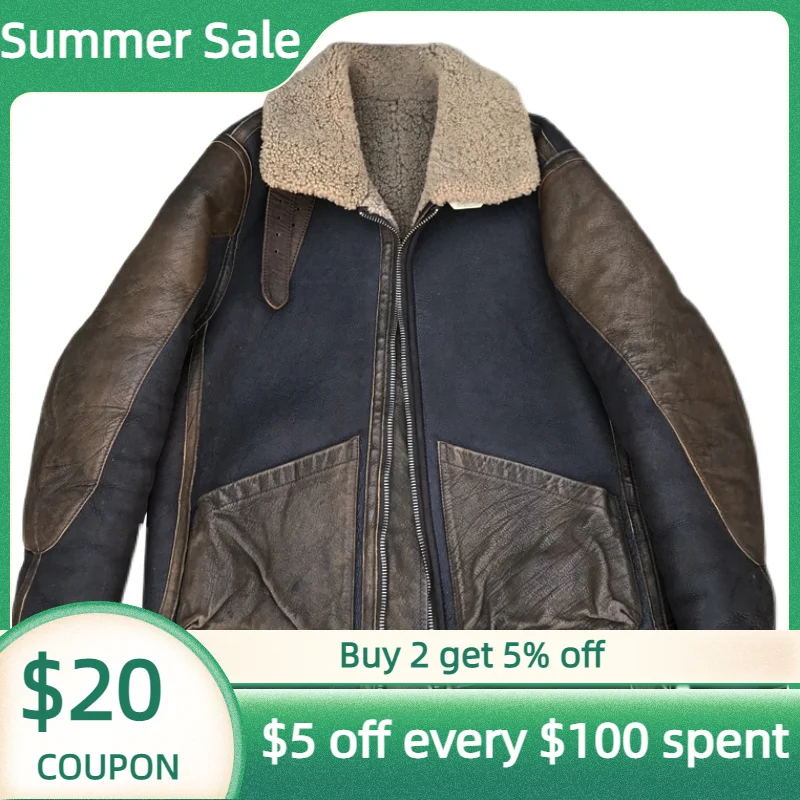 

2022 Dark Brown Genuine Shearling Coat Men American Retro Style Plus Size 6XL Natural Sheepskin Winter Warm Jacket 110kg Wear