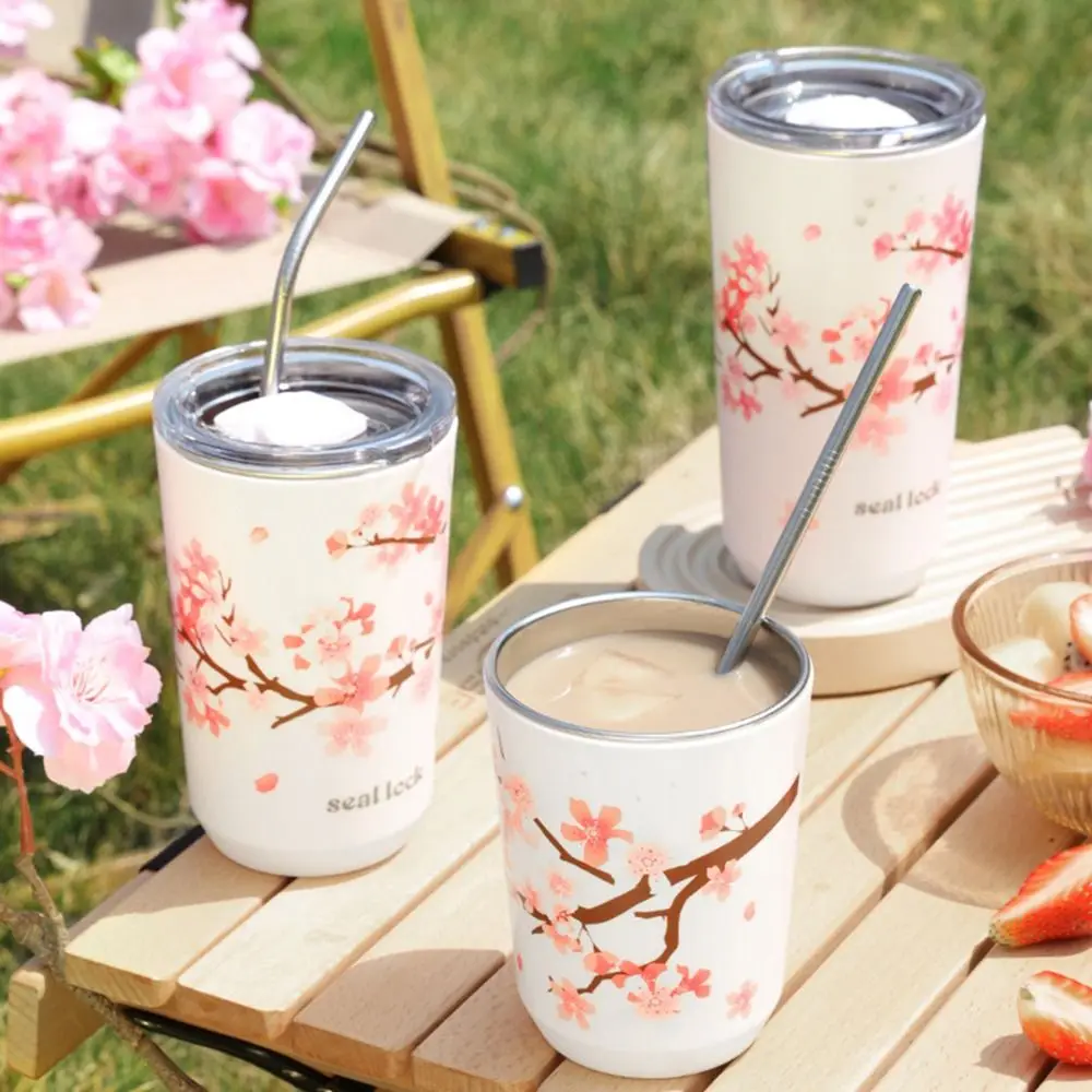 

Portable Creative Double Layer with lid Insulated Cherry Blossom Water Bottle Vacuum Flask Coffee Tumbler Thermos Cup