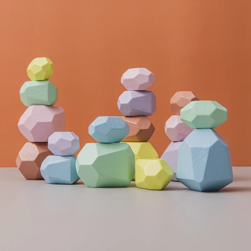

18pcs Kid's Montessori Wooden Building Blocks Jenga Rinbow Colored Stones Creative Nordic Stacking Game Rainbow Wooden Toys