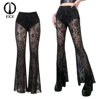 %e3%80%90see through flared pants%e3%80%91sexy lace high waist skinny fit trousers women vintage floral print long pants patchwork mesh pants